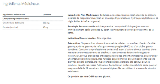 SpectraZyme Betaine HCl + Pepsine (Anciennement SpectraZyme METAGEST)